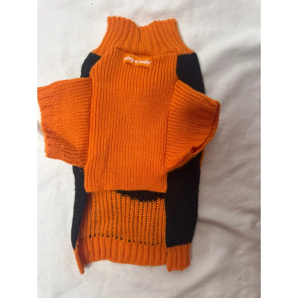 Wag-a-tude Halloween Pumpkin Dog Sweater Black Orange XS Jack-O-Lantern